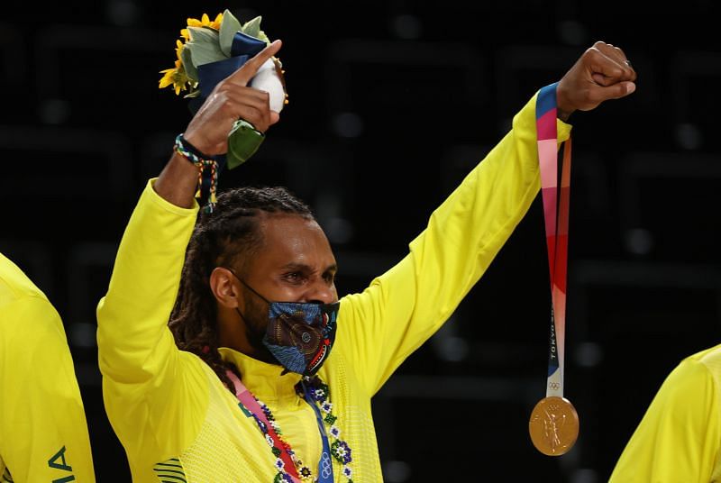 Patty Mills of Team Australia celebrates his bronze medal during the Men&#039;s Basketball medal ceremony.