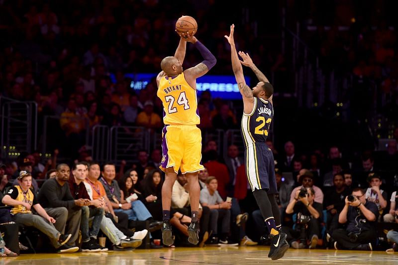 Kobe Bryant of the LA Lakers shoots in his final NBA game