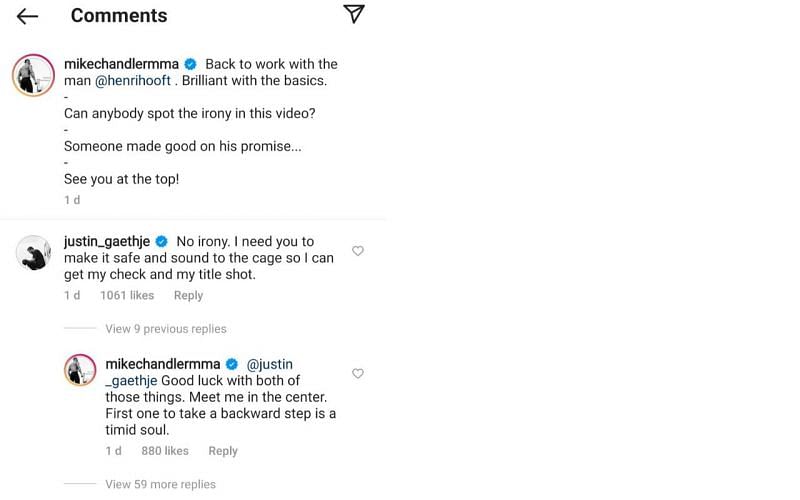 Screenshot of the Instagram exchange between Chandler and Gaethje
