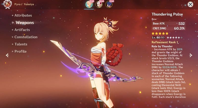 Yoimiya wielding Thundering Pulse (Image via Genshin Impact)