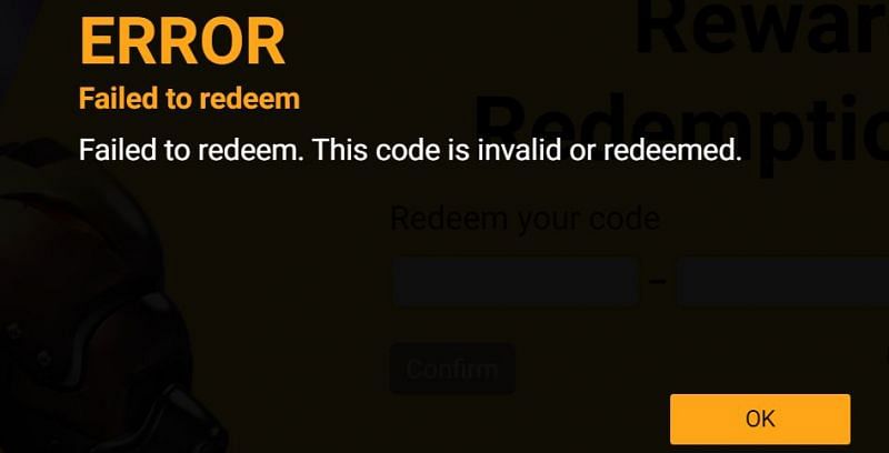 Error which is displayed for using expired codes (Image via Garena Free)