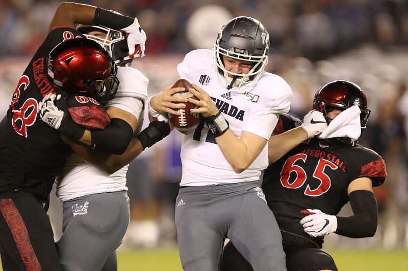 Carson Strong of Nevada sacked v San Diego State