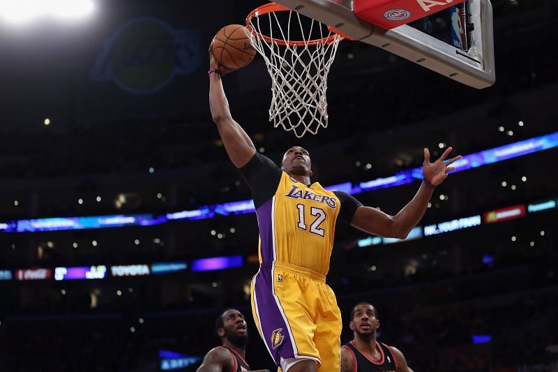 Dwight Howard gets an easy bucket at the Portland Trail Blazers v Los Angeles Lakers game.