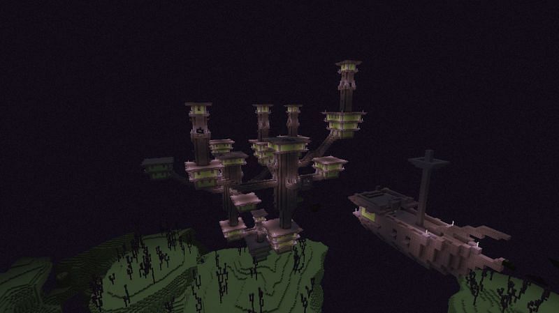 An end city with an end ship (Image via minecraftforum)