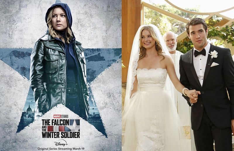 Emily VanCamp in &quot;The Falcon and The Winter Soldier&quot; and with her on-screen/real husband Josh in &quot;Revenge&quot; (Images via Marvel Studios and ABC)