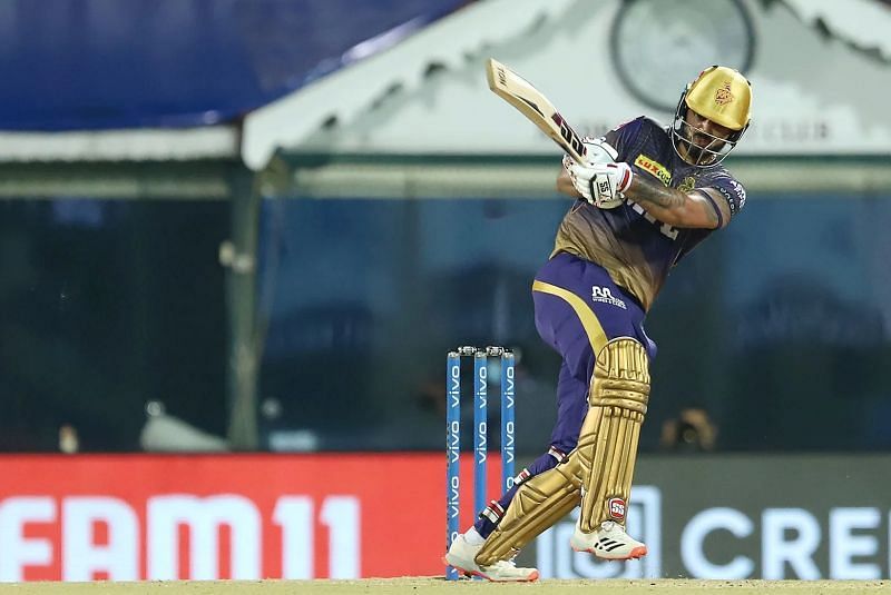 KKR&rsquo;s Nitish Rana plays an attacking stroke during IPL 2021. Pic: IPLT20.COM