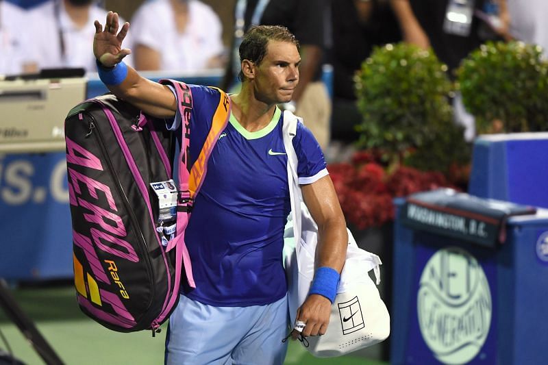 Rafael Nadal waves to the crowd after exiting the 2021 Citi Open to Lloyd Harris