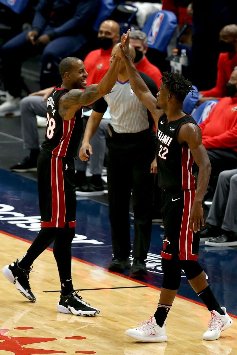 Jimmy Butler (#22) of the Miami Heat and Andre Iguodala (#28)