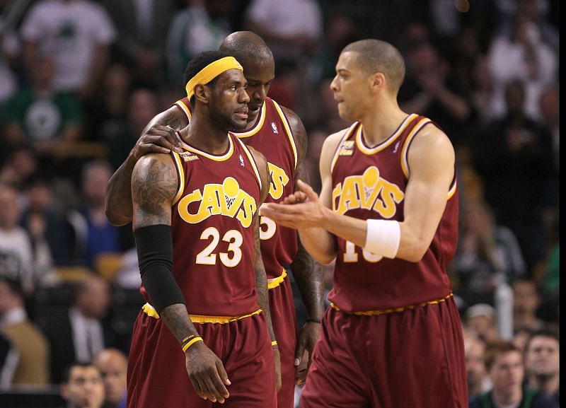 LeBron James (#23), Shaquille O'Neal (#33) and Anthony Parker (#18) of the Cleveland Cavaliers