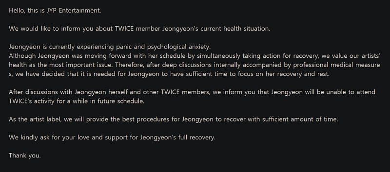Statement from JYP Entertainment regarding Jeongyeon&#039;s condition