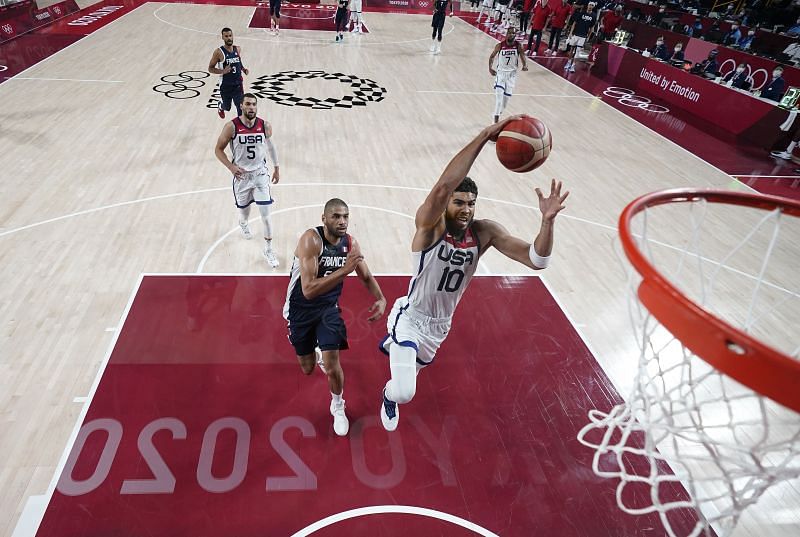 &lt;a href=&#039;https://www.sportskeeda.com/basketball/jayson-tatum&#039; target=&#039;_blank&#039; rel=&#039;noopener noreferrer&#039;&gt;Jayson Tatum&lt;/a&gt; #10 goes up for a dunk against Nicolas Batum #5.