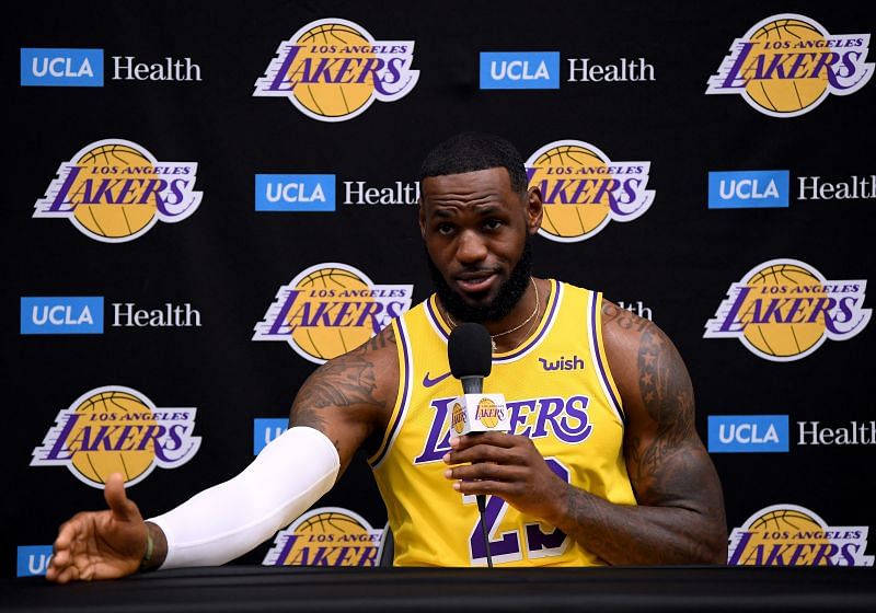 LeBron James of the Los Angeles Lakers speaks to the press