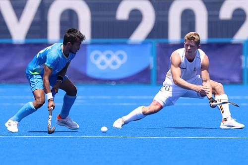 Vivek Sagar Prasad in action against Belgium