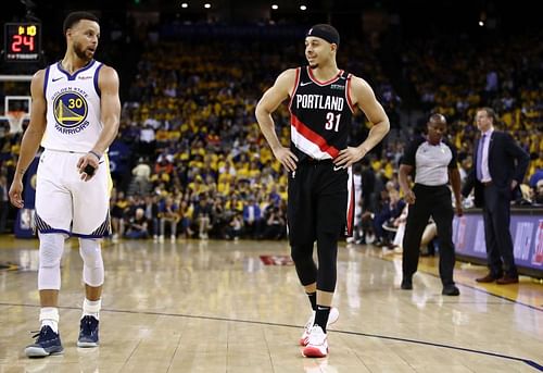 Stephen Curry #30 goes head-to-head against brother Seth Curry #31 in the 2019 NBA Western Conference Finals