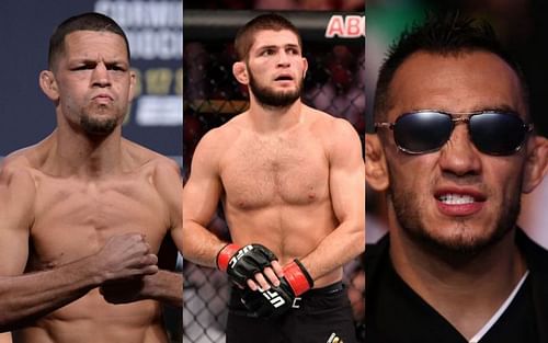 Nate Diaz (left); Khabib Nurmagomedov (center); Tony Ferguson (right)