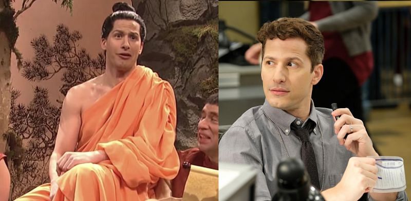 Andy Samberg on SNL in 2012 and on Brooklyn Nine Nine (2020). (Image via NBC)