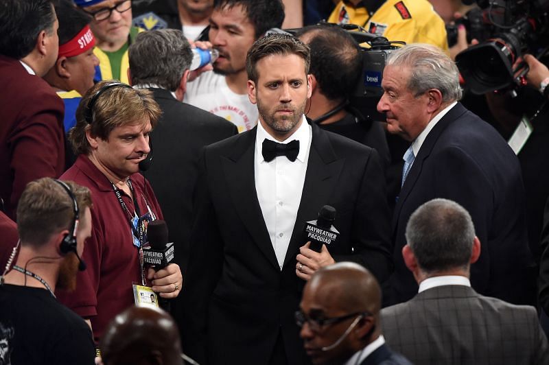 Broadcaster Max Kellerman stands in the ring after Floyd Mayweather Jr. defeats Manny Pacquiao.