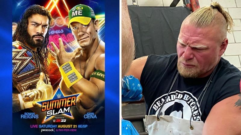 SummerSlam 2021 poster (left); Brock Lesnar&#039;s new look (right)