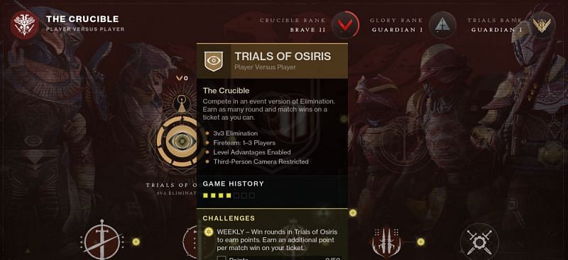 Destiny 2 Trials of Osiris selection screen (Image via Bungie)