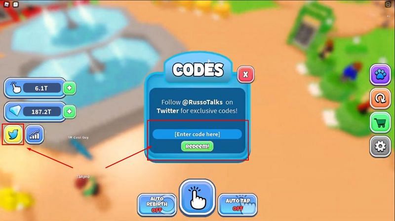The code redemption window in Tapping Gods. (Image via Roblox Corporation)