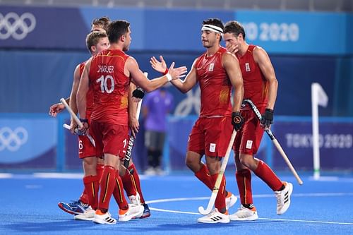 Team Belgium celebrates after scoring team's third goal during the Men's Quarterfinal match between Belgium and Spain at Tokyo Olympics 2021