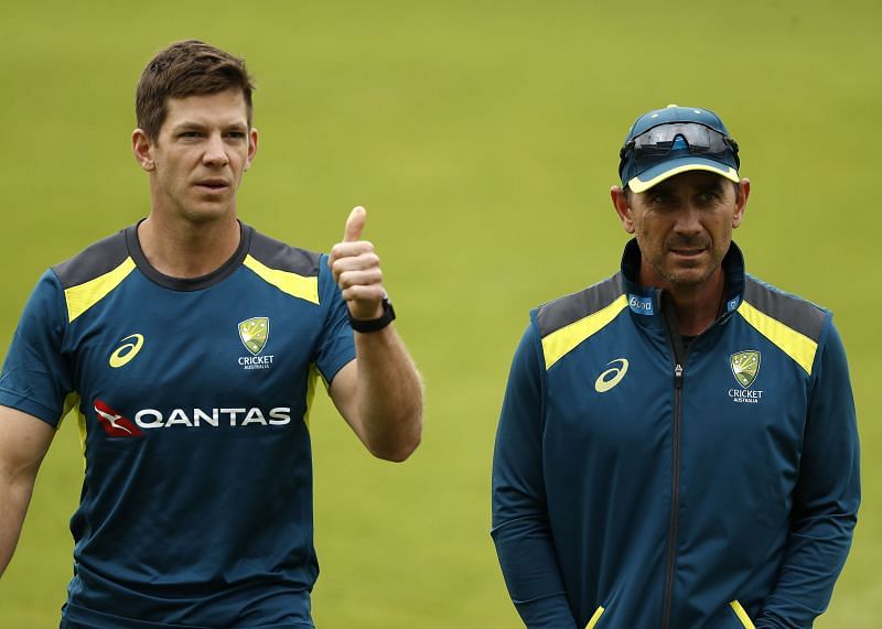 Australian red-ball captain Tim Paine (L) and Justin Langer