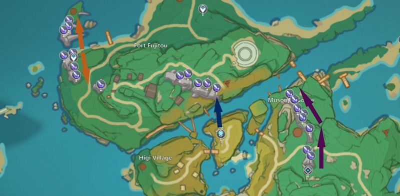 Location of Crystal Marrow in Musoujin Gorge &amp; Fort Fujitou in Genshin Impact (Image via Teyvat Interactive Map)