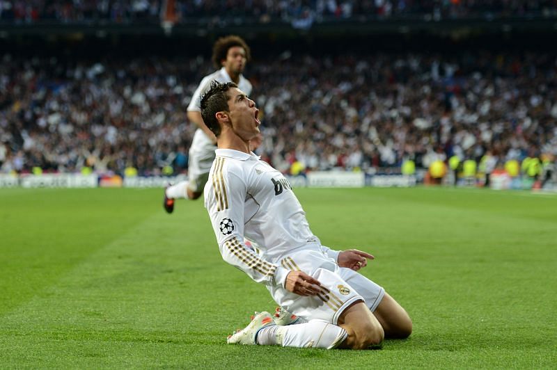 Cristiano Ronaldo celebrates for Real Madrid v Bayern Muenchen - UEFA Champions League Semi Final