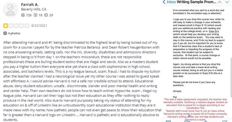 The Yelp review and the professor&#039;s e-mail (Image via Yelp//Farrah A.)