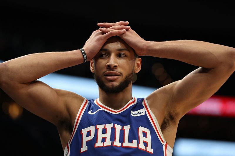 Ben Simmons #25 reacts against the Washington Wizards.