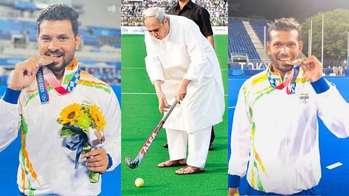 Olympic medalists Birendra Lakra (L) and Amit Rohidas (R); Naveen Patnaik (C)