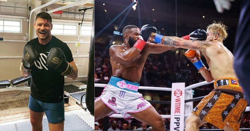 Michael Bisping (left), Tyron Woodley &amp; Jake Paul (right) [Images Courtesy: @mikebisping @showtimeboxing on Instagram]