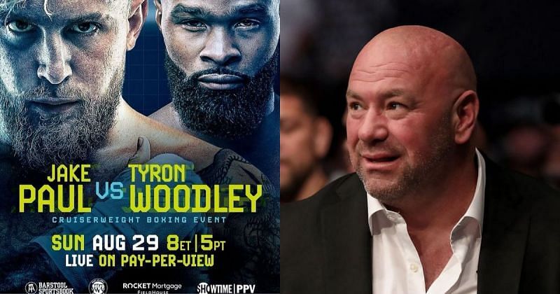 Poster for jake Paul vs Tyron Woodley (Left) [Credits: @jakepaul on Instagram], Dana White (Right)