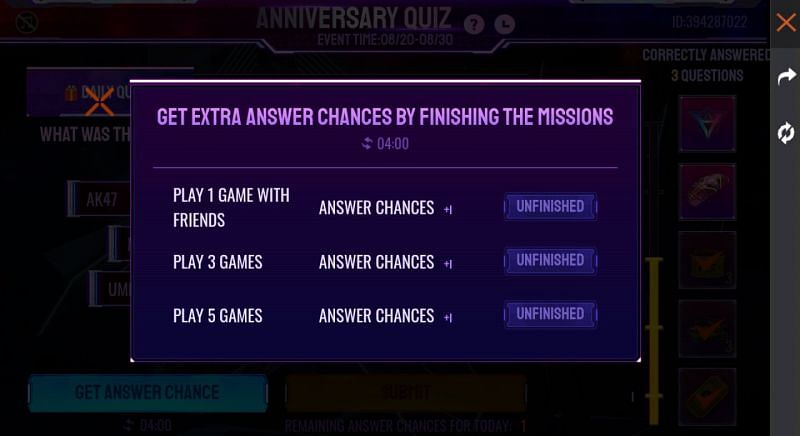 Completing missions will reward answer chances (Image via Free Fire)