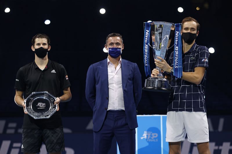 ATP Chairman Andrea Gaudenzi with Dominic Thiem (L) and Daniil Medvedev (R)