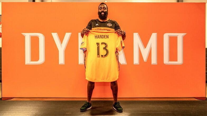 James Harden shows off his Houston Dynamo jersey