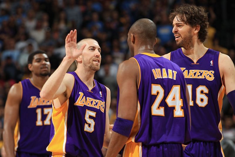 Steve Blake (#5) celebrates his three-point shot with 18 seconds remaining.