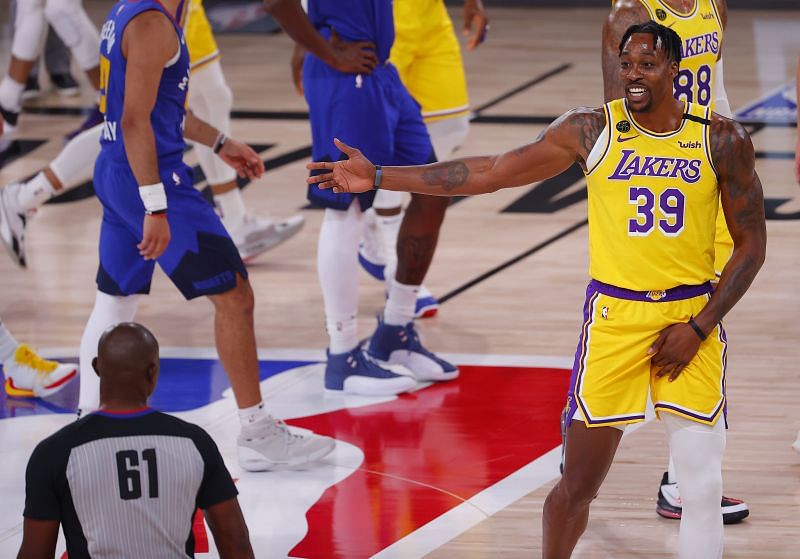 Dwight Howard #39 argues with referee Courtney Kirkland #61.