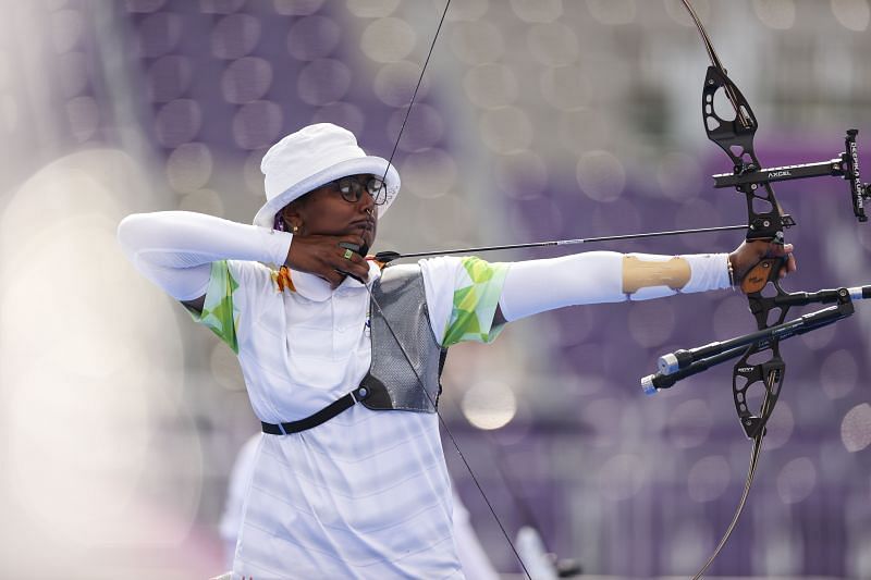 Deepika Kumari of Team India competes in the archery Women&#039;s Individual quarterfinals on day seven of the Tokyo 2020 Olympic Games
