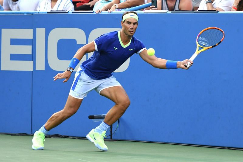 Rafael Nadal tracks down a ball at the 2021 Citi Open