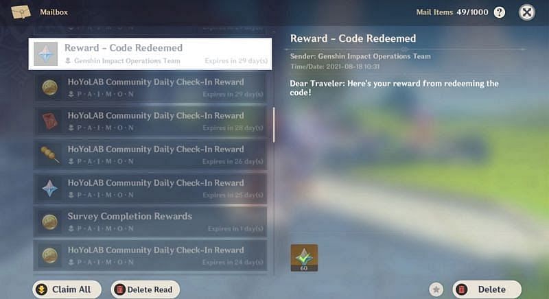 Twitch redeem code rewards in the mailbox (image via Genshin Impact)