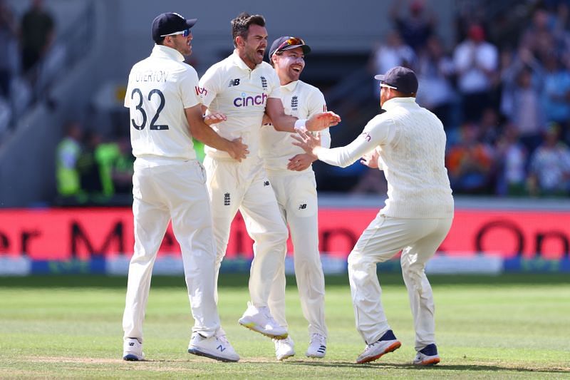 James Anderson of England celebrates after capturing the wicket of Ajinkya Rahane on Day 4 at Headingley. Pic: Getty Images