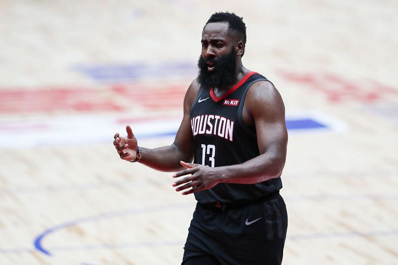 James Harden argues about a call for the Houston Rockets