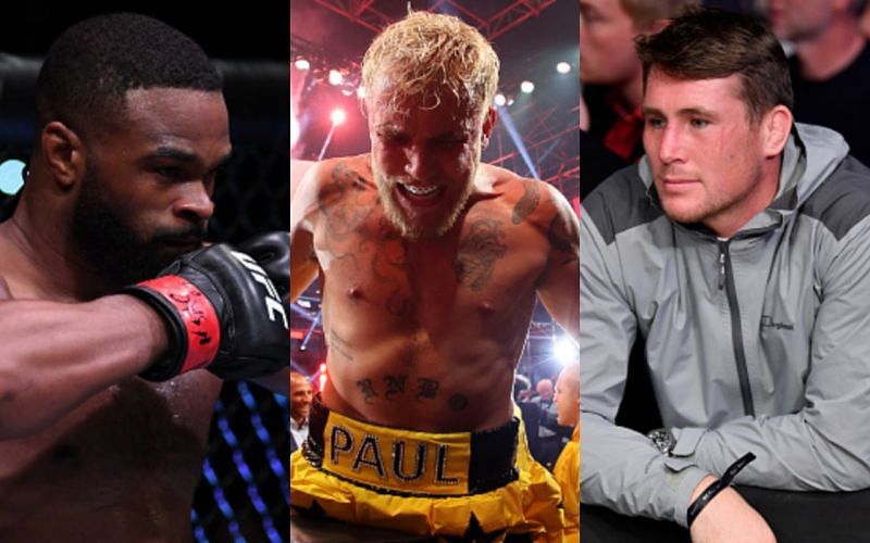 Tyron Woodley (left); Jake Paul (center) and Darren Till (right)