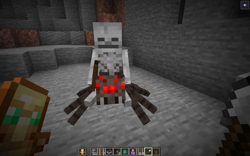 A spider jockey is a spider with a skeleton riding on its back. Both mobs have to be killed separately. (Image via Minecraft)