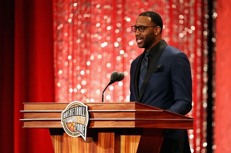 Tracy McGrady speaks during his induction to the Naismith Memorial Basketball Hall of Fame.