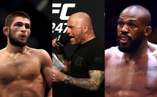 Khabib Nurmagomedov (left), Joe Rogan (center), Jon Jones (right)