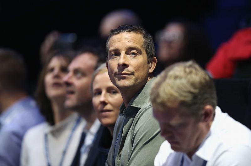 Bear Grylls (in focus) watching Roger Federer vs Marin Cilic at the 2017 ATP Finals