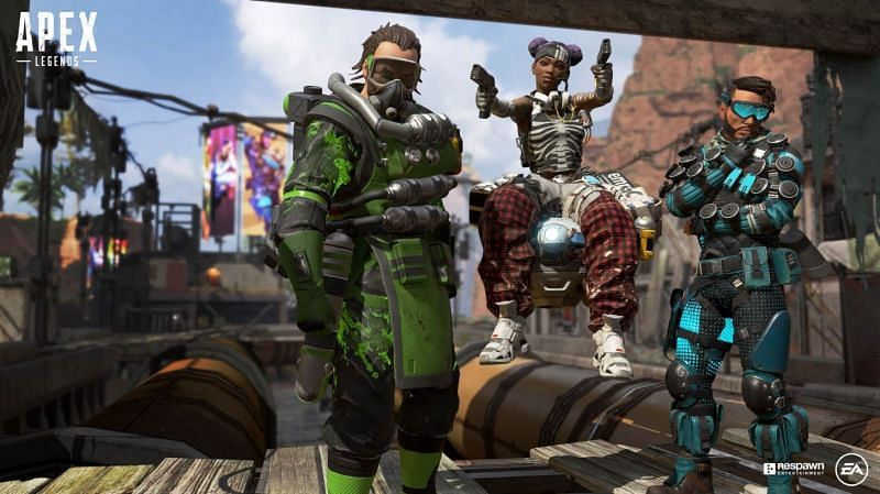 Caustic, Lifeline, and Mirage in the Apex Legends&#039; Kings Canyon map (Image via Electronic Arts)