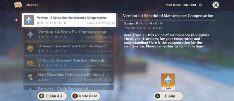 Version 1.4 Schedule Maintenance Compensation (Image via IkaUna OmniGods, YouTube)